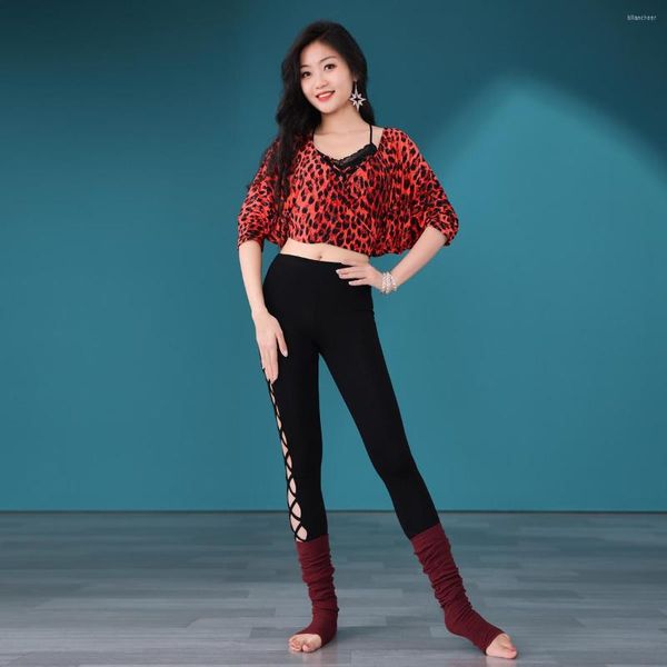 Escenario desgaste leopardo impreso traje de práctica elástico largo polainas medias clásicas yoga pantalones push up traje conjunto pantalones superiores