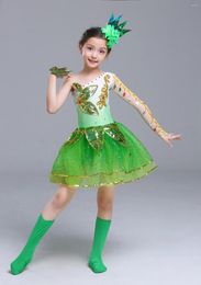Stage Draag Little Tree Dance Dress Performance kostuum Kinderbladeren collectieve kleding pailletten