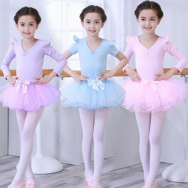 Vêtements de scène Justaucorps de ballet à manches longues/courtes pour enfants Tutu Robe Pratique Gymnastique Fille Danse Enfants Costume