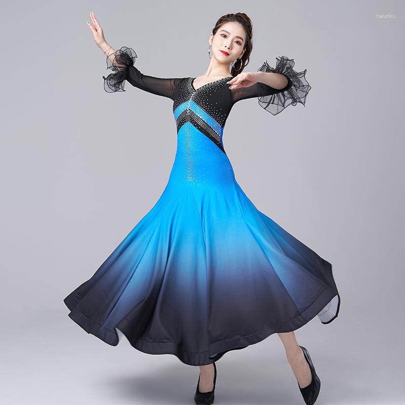 Bühnenkleidung Langarm Ballsaal Tanzkleid 2 Farben Erwachsene Wettbewerb Kostüm Prom Walzer Kleider Moderne Tango Kleidung DL10613