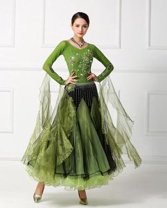 Robe de danse valse verte à manches longues pour femmes, tenue de scène, concours de salle de bal, jupe Standard de haute qualité