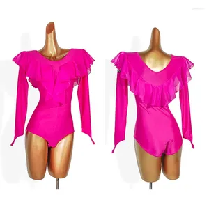 Stadiumkleding Latin danskleding met lange mouwen Roze bodysuit Ballroom Wals Prestatiekostuum Dames ChaCha Samba Dancewear VDB7739