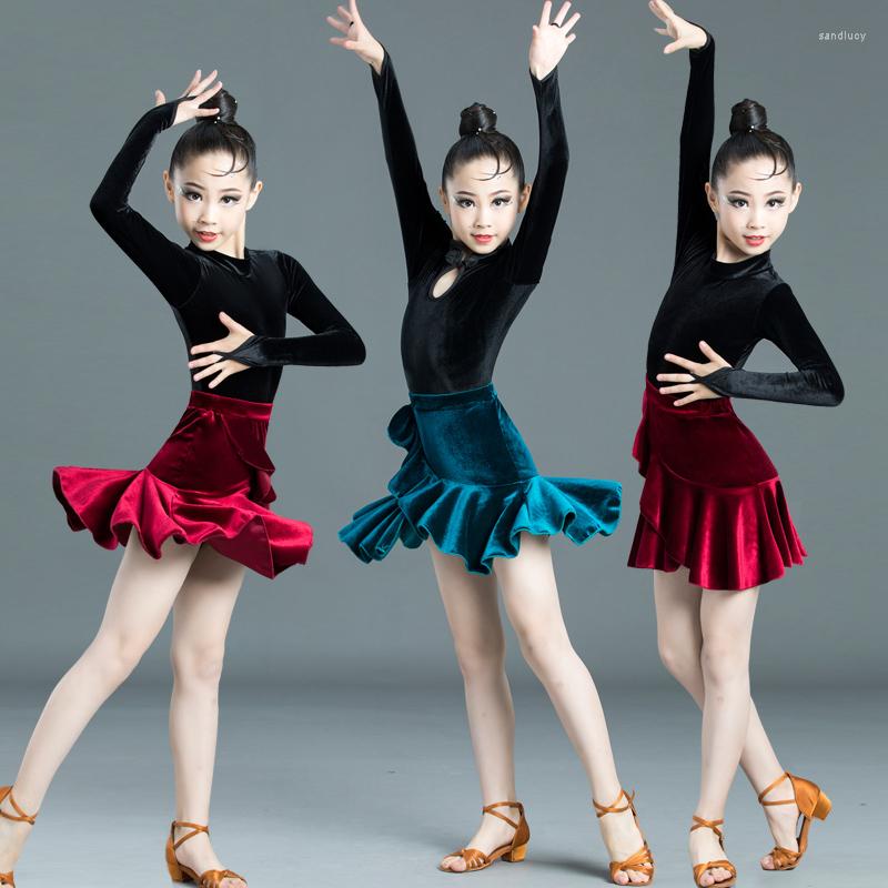 Scenkläder långärmad latinska dansbarnsklänningar för flickor klänning sammet balsal tävling party prestationsövning kostymer