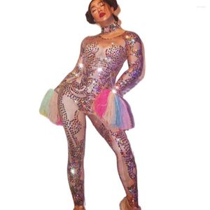 Stage Draag Sknny Elastische Bodysuits met lange mouwen Shiny Multi-Color lovertjes Vrouw Jumpsuits Uniforme kostuums avond prom-outfit