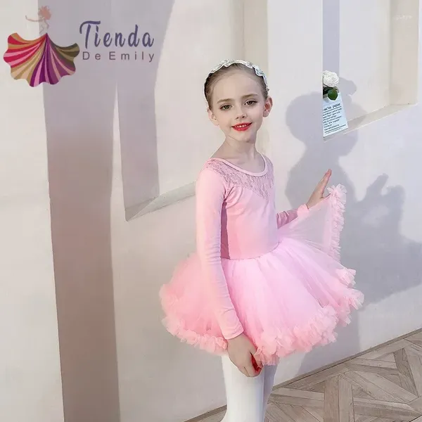 Ropa de escenario Vestido de ballet de manga larga Falda de entrenamiento para niñas Tutu Ropa de danza clásica Examen para niños Leotardo Costura de encaje Rosa