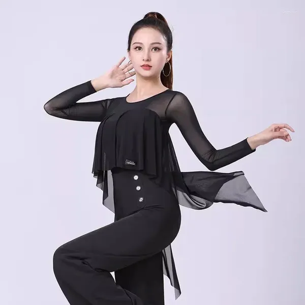 Portez des vêtements de danse de salon à manches longues pour femmes Tuxedo Black Modern Waltz Costumes Professional Top Latin Top