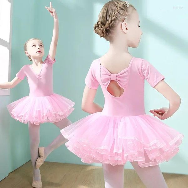 Vestido de ballet para niños de manga larga en terciopelo suave y falda de gasa rosa para niñas de danza de niñas leotards chicas