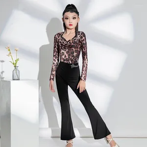 Stage Wear Vêtements de danse modernes à manches longues pour filles Leopard Top Pantalon Latin Enfants Costume de compétition de danse de salon SL9068