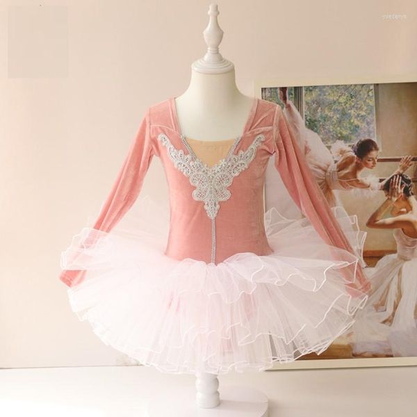 Etapa desgaste de manga larga de terciopelo vestido de ballet niñas danza tutú bailarina bailando ropa negro / rosa cisne lago traje para niños