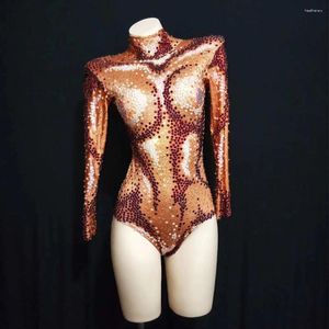 Vêtements de scène à manches longues, strass marron brillant, dos nu, body sexy pour femmes, discothèque, DJ, vêtements de fête, Costumes de chanteur