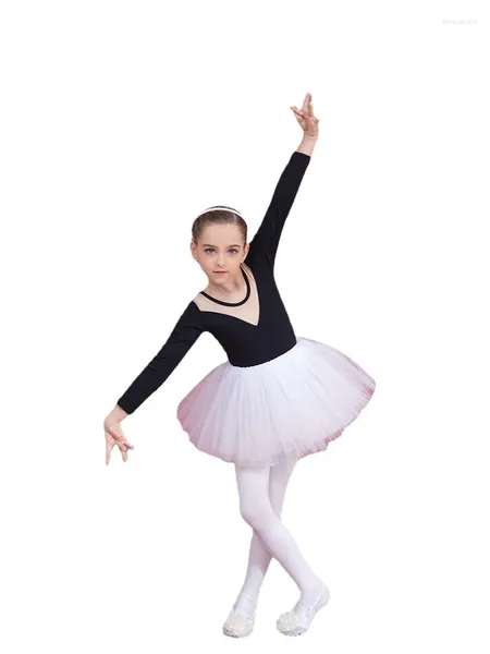 Vêtements de scène Justaucorps à manches longues pour filles Vêtements de pratique de gymnastique Robe Tutu de ballet Costume de danse avec jupe Vêtements de danse