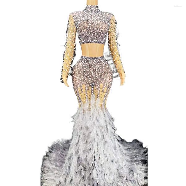 Stage Wear Manches longues Perles brillantes Haut sexy et robe de plumes blanches pour femmes Soirée Vêtements de mariage Costumes de salle de bal