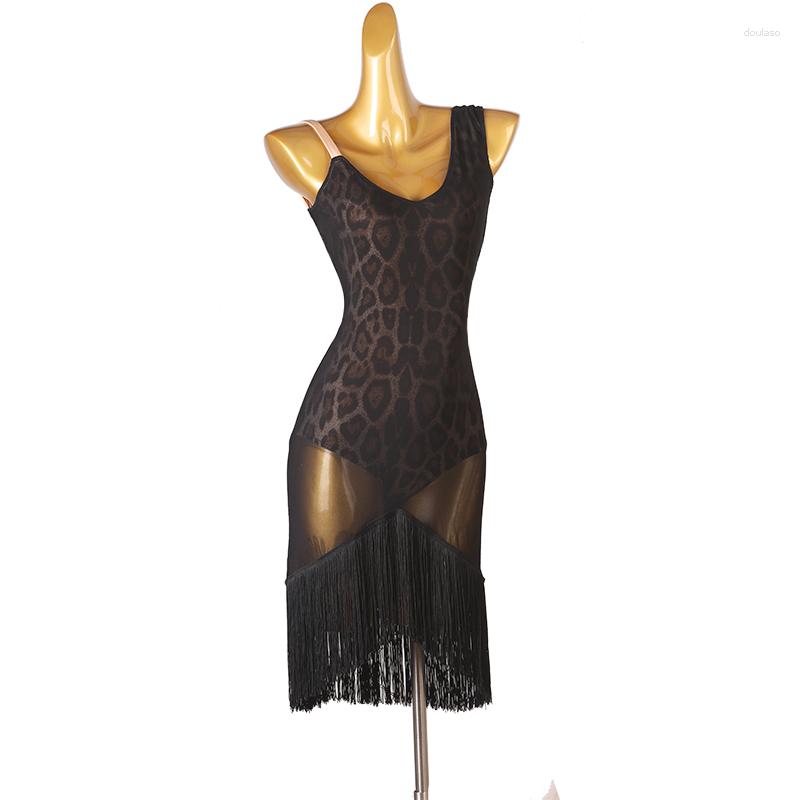 Scen Wear LQ303 ärmlös Leopard kvinnlig latin danklänning Mesh Waltz Performance Dancewear Tango Foxtrot Practice Costumes