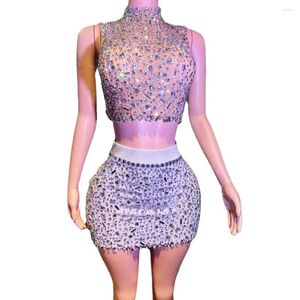 Stage Wear Luxurious Rhinestones Celebrate Evening Birthday Dress Crystals Top Short Skirt Two Pieces Performance Costume Show