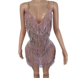 Stage Wear Luxueuze steentjes Fringe V Neck Backless Short Jurk Vrouwen Celebry Prom Jurk Evening Birthday Dress Show Dance Costuums