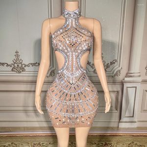 Stadiumkleding Luxe strass pailletten sexy taille holle rugloze mesh transparante mouwloze korte jurk dames verjaardag vieren