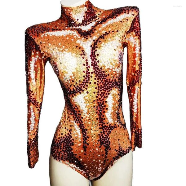 Stage Wear Luxe Glisten Strass Perles Femmes Body Brown Skinny Stretch Combinaisons Pole Dancing Barboteuses Costumes De Discothèque