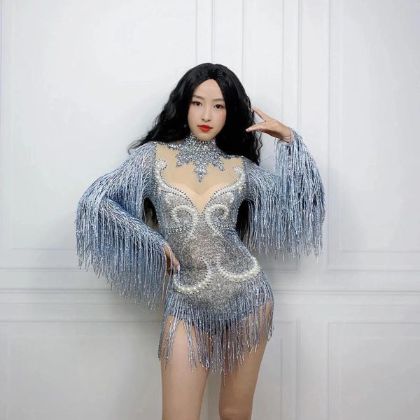 Stage Wear Luxe Gris Frange Argent Strass Perles Transparent Body Femmes Danse Spectacle Costume Fête D'anniversaire Tenue