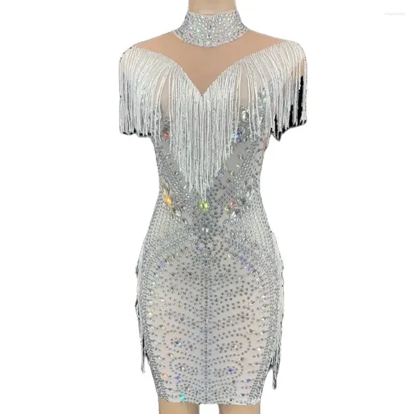 Stage Wear Luxe Strass Blanc Fringe Robe Courte Anniversaire Célébrer Fête Transparente