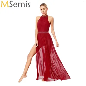 Stage Wear Lyrical Dance Leotard Maxi Dress Women Mouwloze competitie Performance Kostuum Ballet Gymnastics Contemporary Dancewear