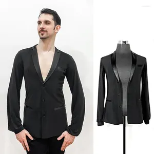 Palco desgaste masculino camisa de dança latina preto manga longa topos chacha dança roupas prática salão tango competição traje vdb6851