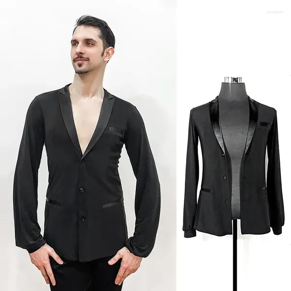 Palco desgaste masculino camisa de dança latina preto manga longa topos chacha dança roupas prática salão tango competição traje vdb6851