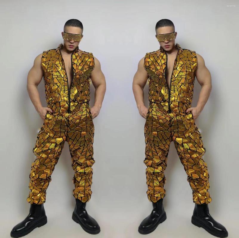 Stage Wear Male Women Dancer Team Performance Clothes Hip Hop Jazz Dance Overalls Gold Mirror Laser Sleeveless Jumpsuit Club Party Costume