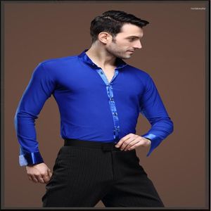 Stage Wear Man Ballroom Dance Tops Latijnse shirts met lange mouwen Latijnse shirts revers/kraagoefening/uitvoering Blauwe kleur