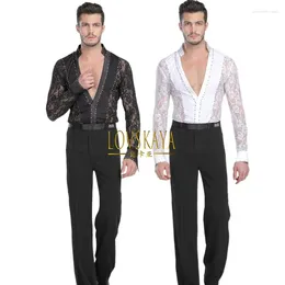 Stage Wear Homme Chemises Vêtement Top Danse Latine Dentelle Noir et Blanc Valse Performance