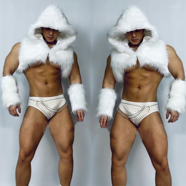 Stage Wear Hommes Muscle Discothèque Bar Gogo Dancer Costume Sexy Blanc À Capuche Fourrure Gilet Costume Burning Man Rave Outfit Pole Dance Vêtements