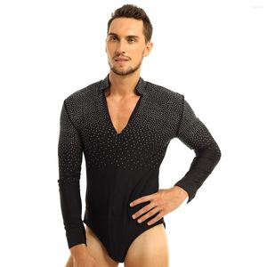 Desgaste de la etapa de los hombres diamantes de imitación brillantes camisa de baile latino leotardo mono moderno Tango Salsa Rumba Samba traje de baile de salón Ropa de baile