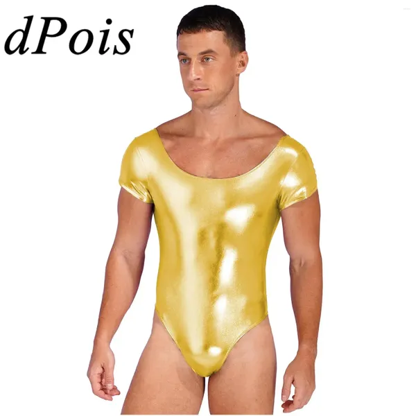 Stage Wear Hommes Gymnastique Combinaison Wetlook Cuir Verni Body Homme Manches Courtes Fitness Patinage Justaucorps Club Performance Dancewear