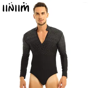 Stadium Slijtage Mannen Latin Dans Bodysuit Shirt Tops Lange Mouw Glanzende Steentjes Gymnastiek Maillots Ballroom Tango Salsa Rumba Dancewear