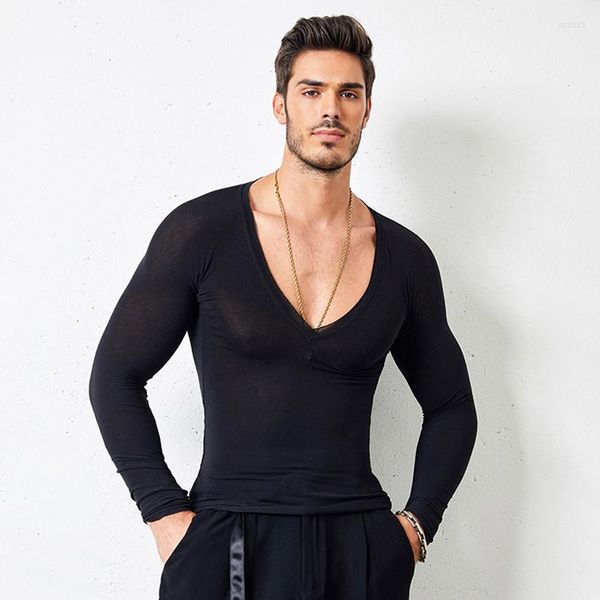 Ropa de escenario para hombre, camisetas de baile latino, manga larga negra, cuello en V, ropa de práctica, camisa de competición de salón, ropa de baile de Salsa DNV16443