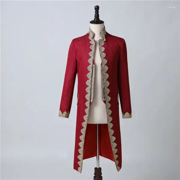 Stage Wear Hommes Vintage Vin Rouge Broderie Jacquard Blazer Soirée Chanteur Style Britannique Court Long CoatHost Show Costume