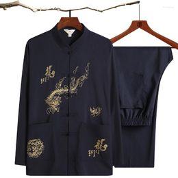 Stage Wear Men Traditionele Chinese T-shirt broek Kledingset Oriental Tang Suit Tai Chi Uniform Lange Mouw Blouse Costuums SL3001