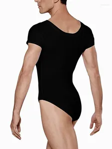 Stadiumkleding Heren Turnpakje met korte mouwen Eendelige bodysuits voor mannelijke dansers Gymnastiek Spandex Zwart Nylon Ballet Maillots Danskleding Groothandel