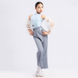 Stage Wear Mesh Ballroom Dance Tops Filles Gris Latin Pantalon Costume Salsa Vêtements Moderne Dancewear Tango Dancer Outfit JL3361