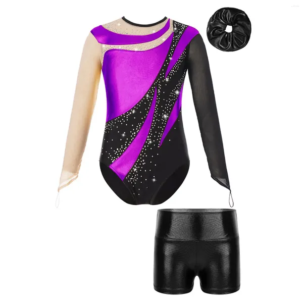 Stage Wear Mesh manches longues manches longues de gymnastique rythmique justaucorps pour enfants filles brillant métallique ballet danse body costume de patinage artistique