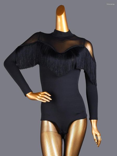 Stage Wear Mesh Patchwork Soirée Barboteuses Costume de danse du ventre Vêtements latins Couleur unie Femme Vêtements à manches longues Femmes Glands Top