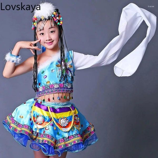 Etapa desgaste minoría bata danza ropa mangas mongol niñas tibetanas rendimiento infantil
