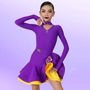 Modelos de desgaste de escenario Chicas Vestido de competencia de baile latino Púrpura Mangas largas Rumba Traje de salón Niños Cha Ropa de práctica