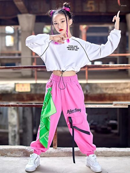 Stage Wear Vêtements de danse moderne Filles Kpop Manches longues Outfit Tops blancs Pantalons Hip-Hop Rose Mode Enfants Costume Streetwear BL9085