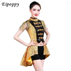 Stage Wear Costume de danse moderne Jazz Drum-Playing queue d'aronde paillettes discothèque adulte gland robe de danse