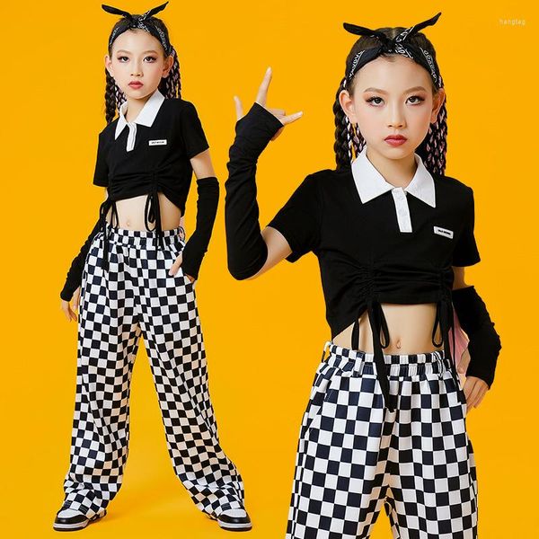 Vêtements de scène danse moderne Hip Hop vêtements pour filles hauts courts noirs pantalons à carreaux Kpop tenues enfants Jazz Performance DQS12490