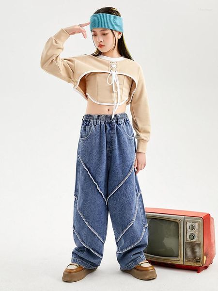 Stage Wear Costume de jazz moderne Filles Hip Hop Vêtements Kaki Crop Tops Manches longues Jeans en vrac Kpop Outfit Street Dance Rave BL9683