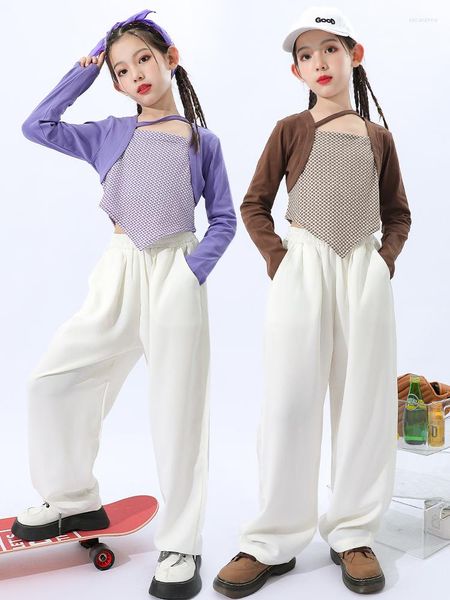 Ropa de escenario Ropa de baile de jazz moderno Ropa para niñas Tops cortos Pantalones de hip-hop sueltos blancos Traje de Kpop de manga larga Traje de hip hop para niños BL9409