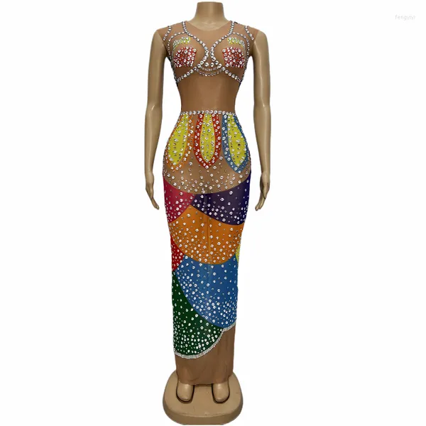 Vêtements de scène multicolore strass robe transparente sans manches papillon motif danseur tenue anniversaire célébrer longue