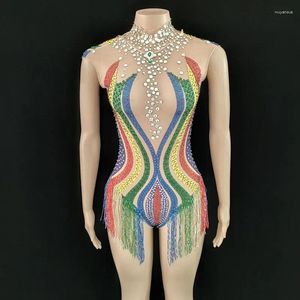 Stage Wear Multi Couleur Gland Strass Justaucorps Maille Fringe Body Discothèque Bar Sexy Club Party Dancer Performance Costume