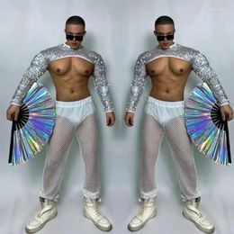 Stage Wear Muscle Man Pole Dance Vêtements Gogo Costume Argent Paillettes Top Mesh Pantalon Festival Hommes Rave Outfit Clubwear XS5052